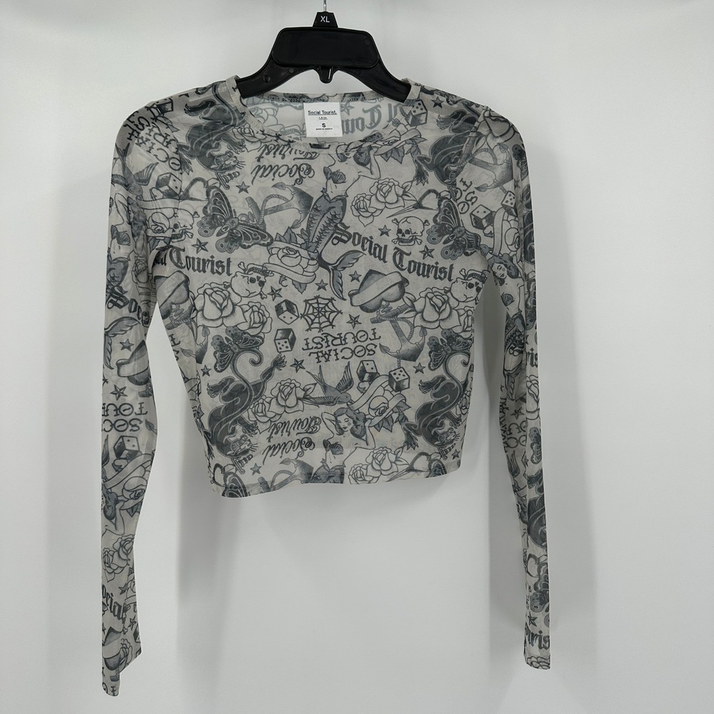 Social Tourist Womens Y2K Tattoo Print Mesh Crop Top Size S Goth Punk Alt Indie